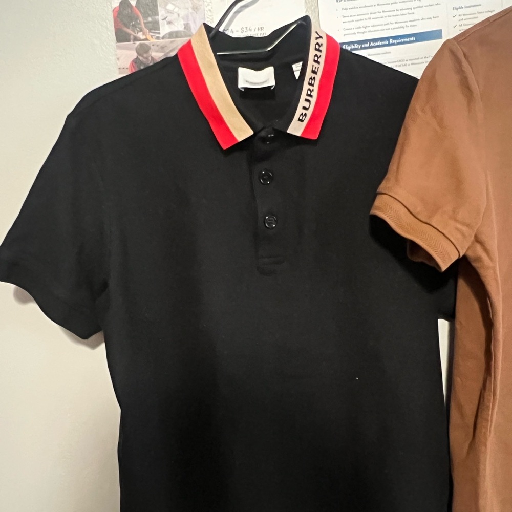 Burberry Black Polo Shirt with Red and Tan Collar